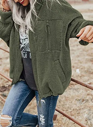 BTFBM Women Long Sleeve Full Zip Jackets Casual Solid Color Loose Fleece Short Teddy Coats Jacket Outerwear With Pockets(Solid Green, Medium)