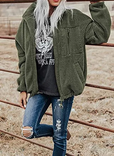 BTFBM Women Long Sleeve Full Zip Jackets Casual Solid Color Loose Fleece Short Teddy Coats Jacket Outerwear With Pockets(Solid Green, Medium)