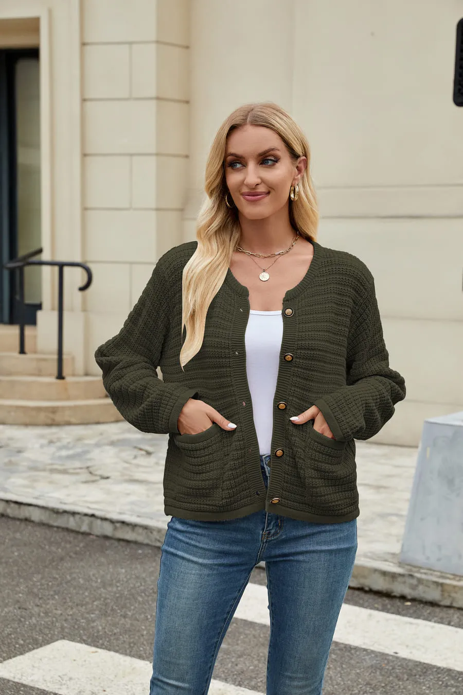 Button Down Knit Jackets with Pockets