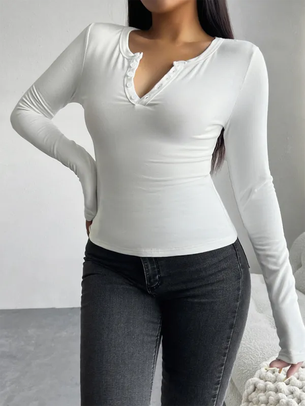 Casual Henley-Style Top Fall T-Shirt for Women