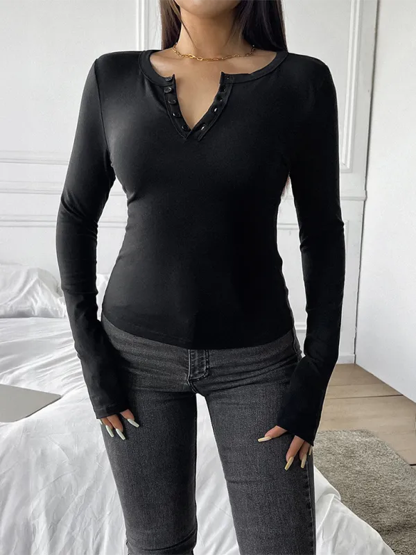 Casual Henley-Style Top Fall T-Shirt for Women