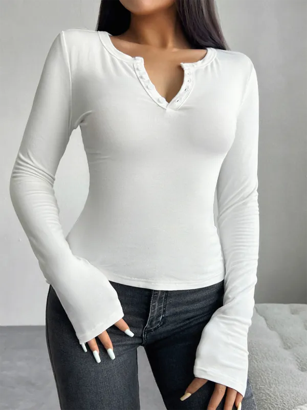 Casual Henley-Style Top Fall T-Shirt for Women