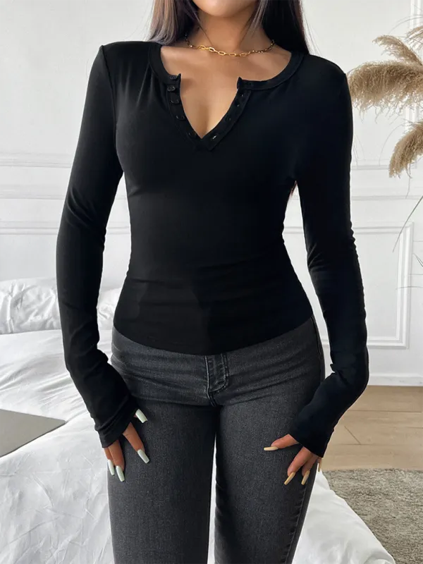 Casual Henley-Style Top Fall T-Shirt for Women