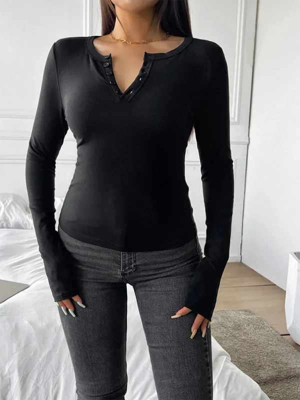 Casual Henley-Style Top Fall T-Shirt for Women