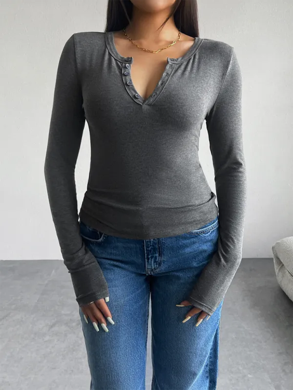 Casual Henley-Style Top Fall T-Shirt for Women