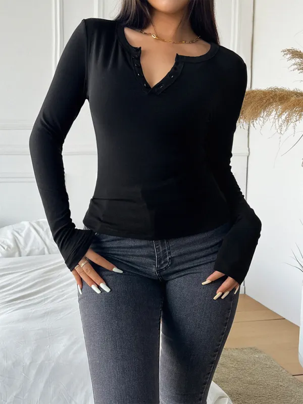 Casual Henley-Style Top Fall T-Shirt for Women