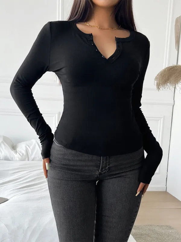 Casual Henley-Style Top Fall T-Shirt for Women