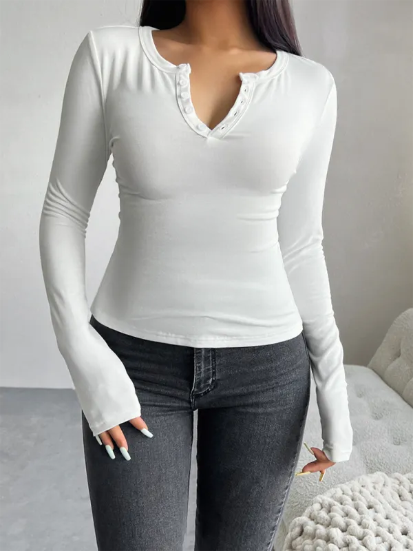 Casual Henley-Style Top Fall T-Shirt for Women