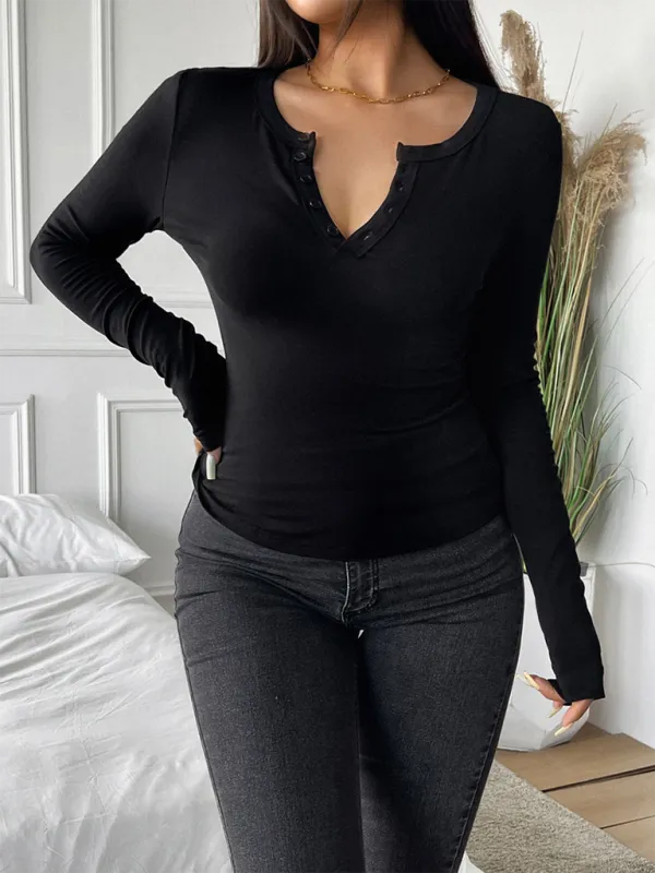 Casual Henley-Style Top Fall T-Shirt for Women