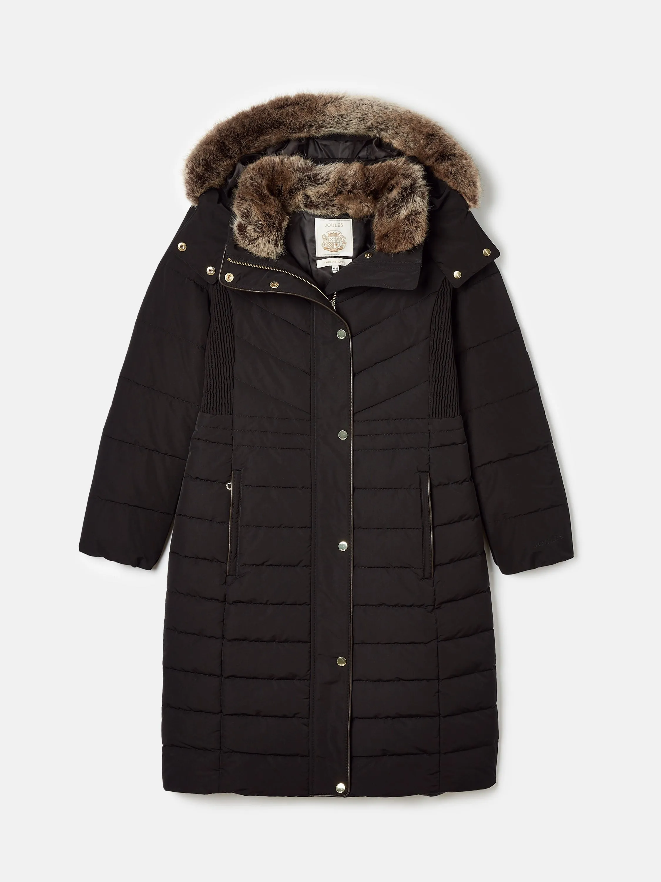 Cherington Black Showerproof Longline Padded Coat with Faux Fur Hood