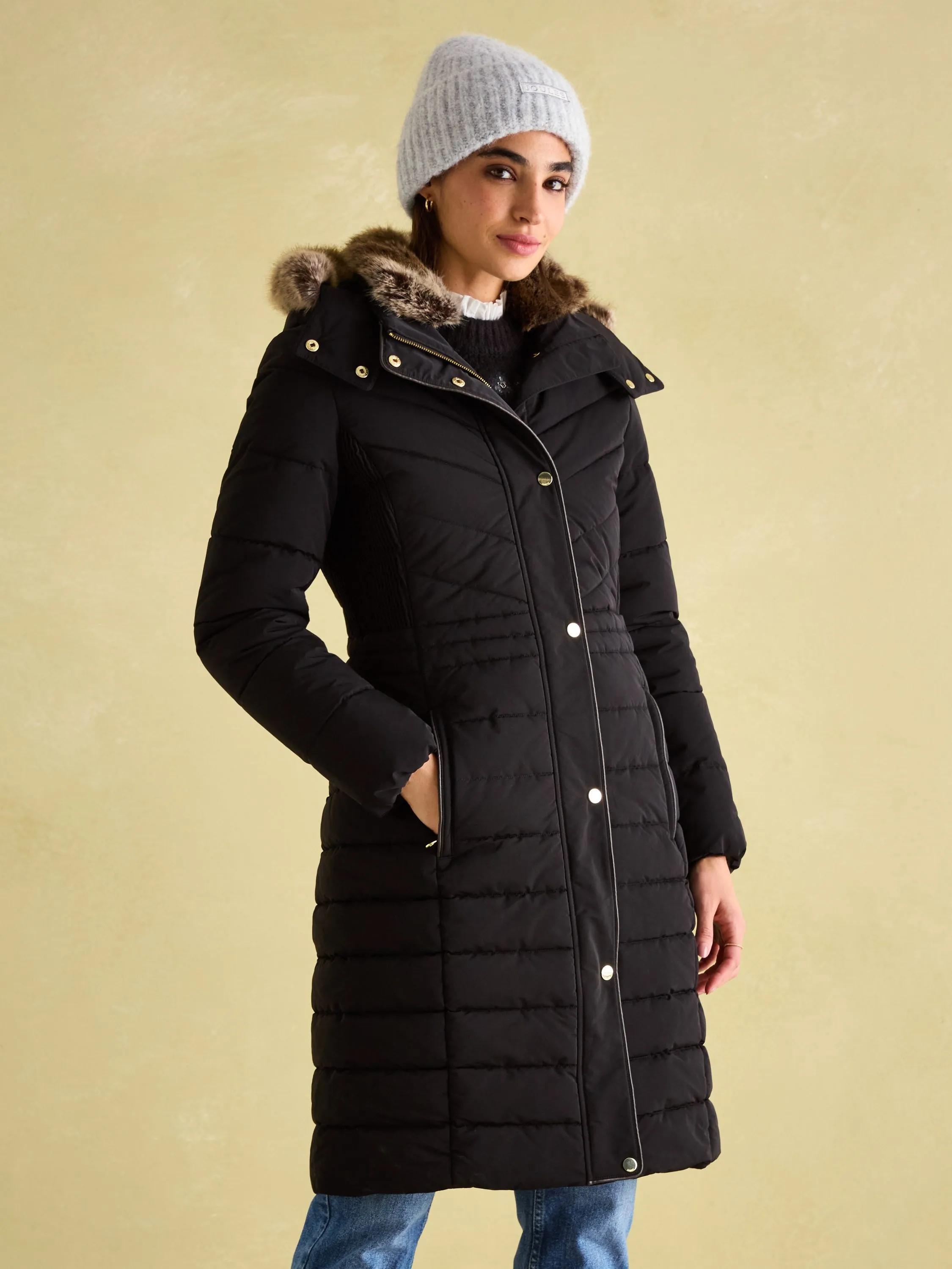 Cherington Black Showerproof Longline Padded Coat with Faux Fur Hood