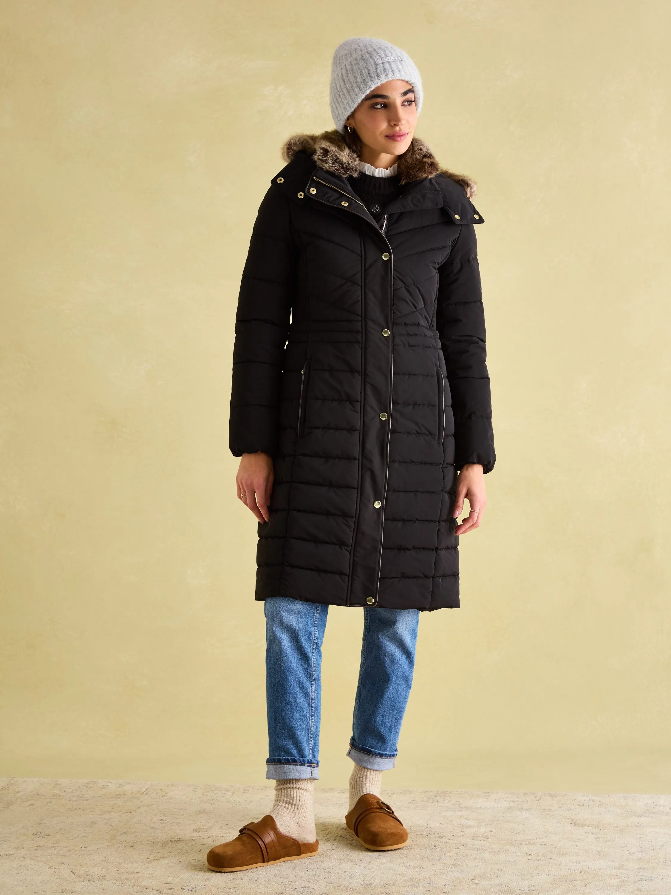 Cherington Black Showerproof Longline Padded Coat with Faux Fur Hood