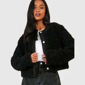 Chic Autumn Winter Warm Plush Cropped Jacket with Pockets