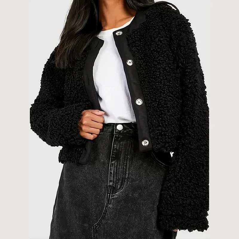 Chic Autumn Winter Warm Plush Cropped Jacket with Pockets