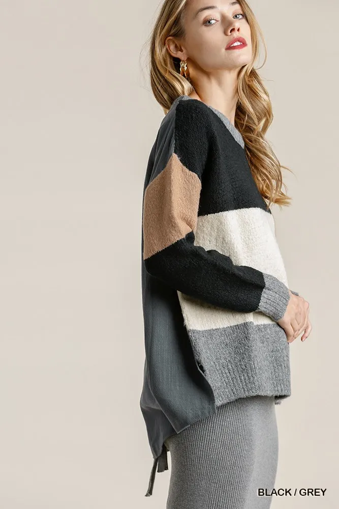 Colorblock Contrasted Cotton Fabric On Back Top With Side Slits And High Low Hem