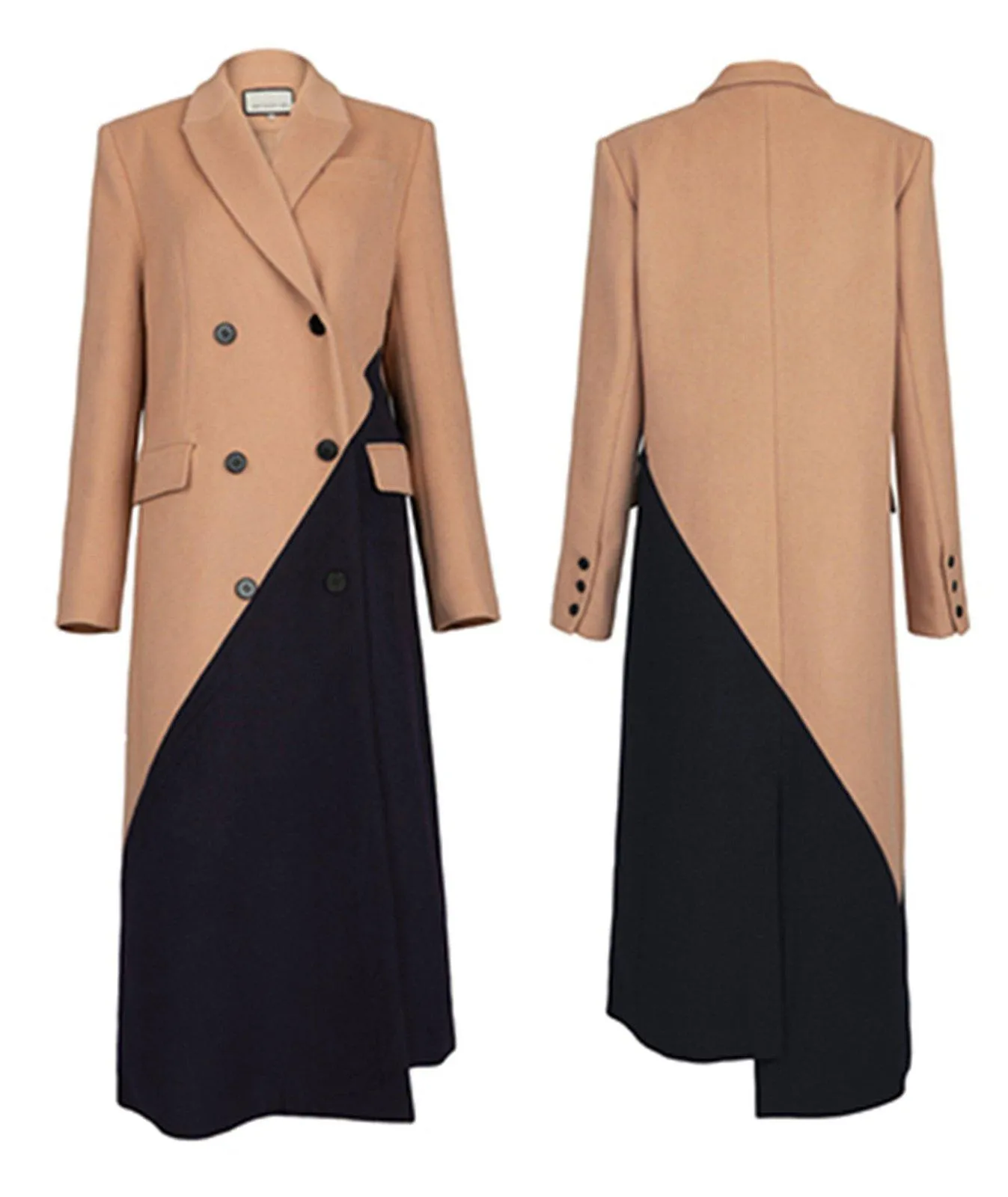 Colorblock Double Breasted Wool Long Coat