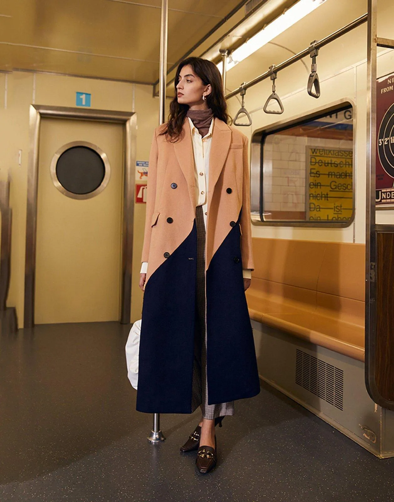 Colorblock Double Breasted Wool Long Coat