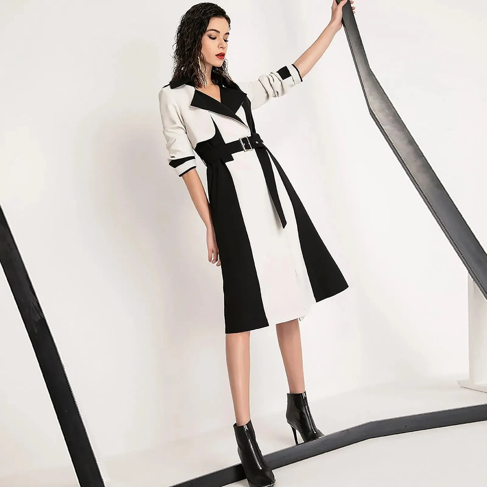 Colorblock Gun Flap Belted Long Trench Coat