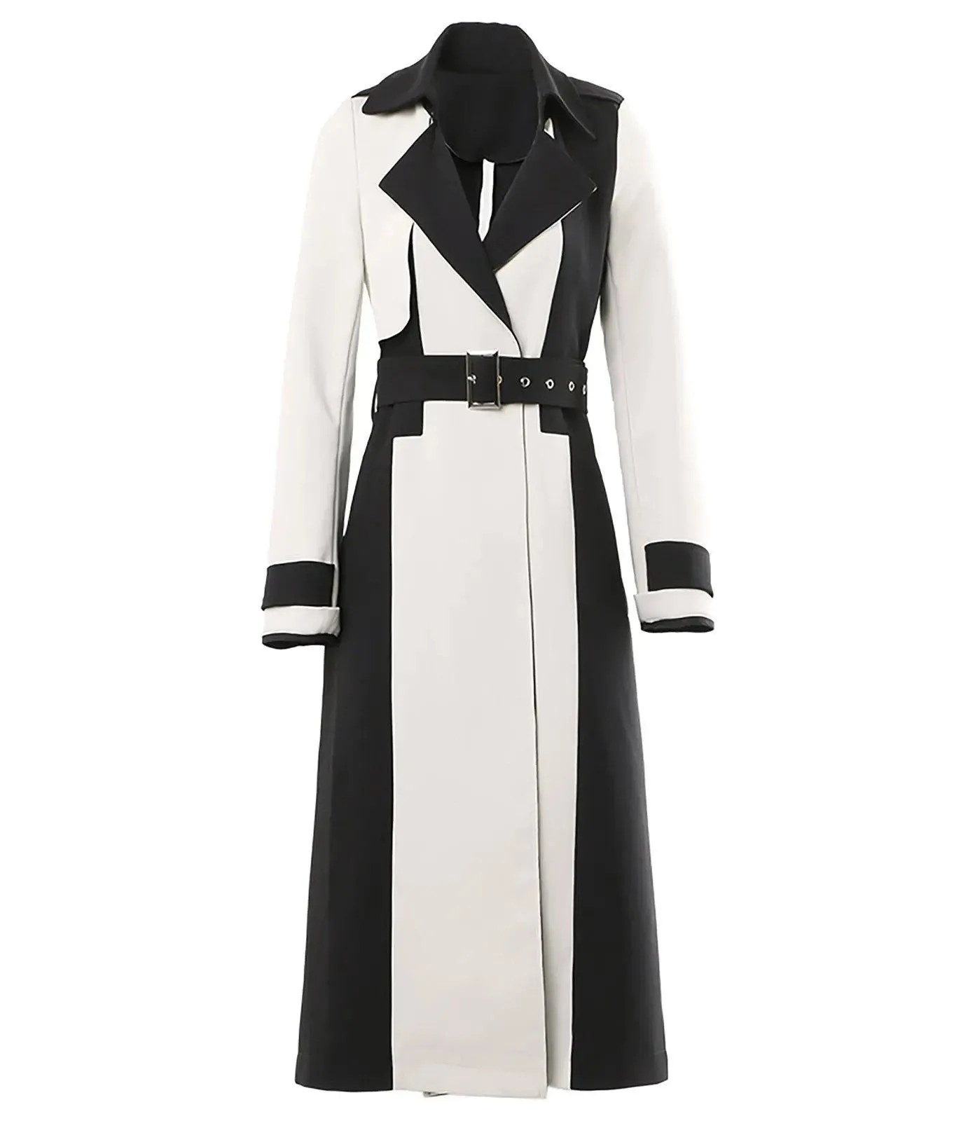 Colorblock Gun Flap Belted Long Trench Coat