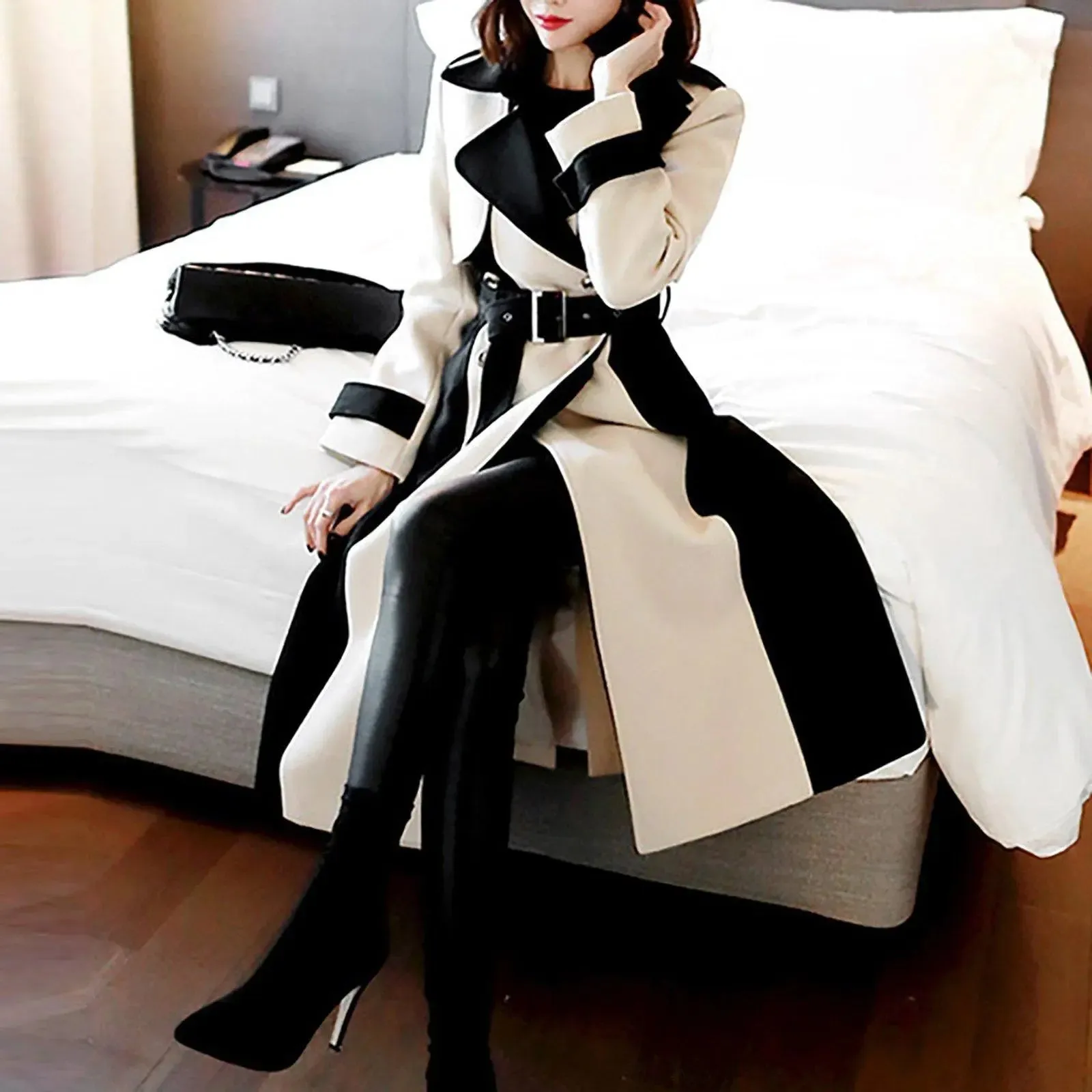 Colorblock Gun Flap Belted Long Trench Coat