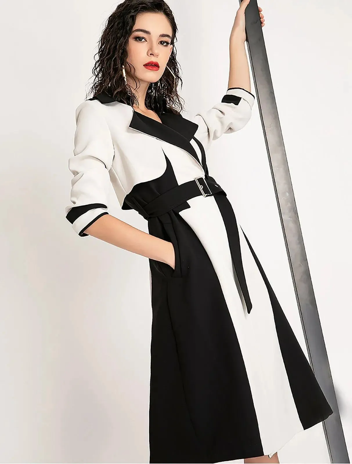 Colorblock Gun Flap Belted Long Trench Coat