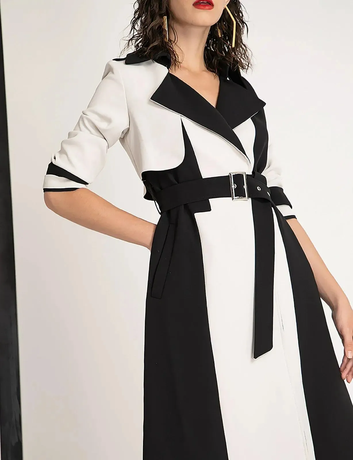 Colorblock Gun Flap Belted Long Trench Coat