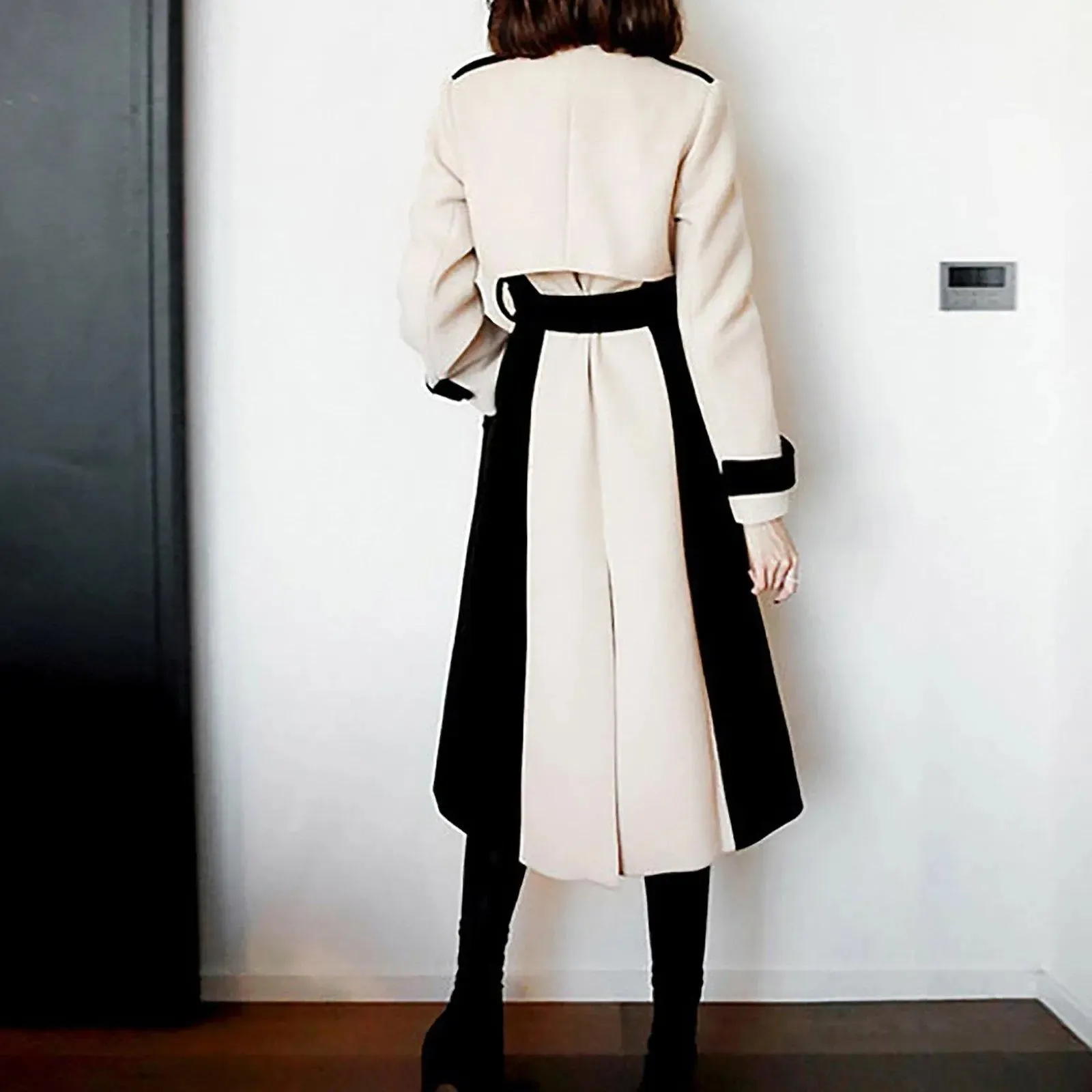 Colorblock Gun Flap Belted Long Trench Coat