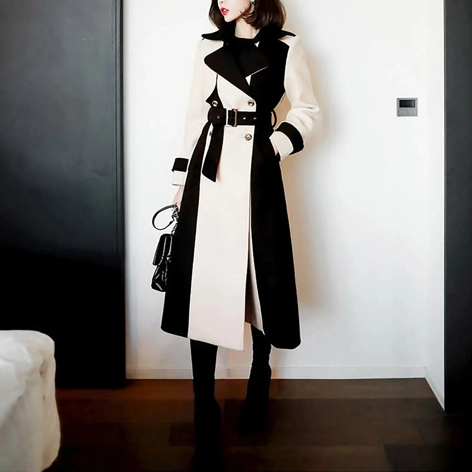 Colorblock Gun Flap Belted Long Trench Coat