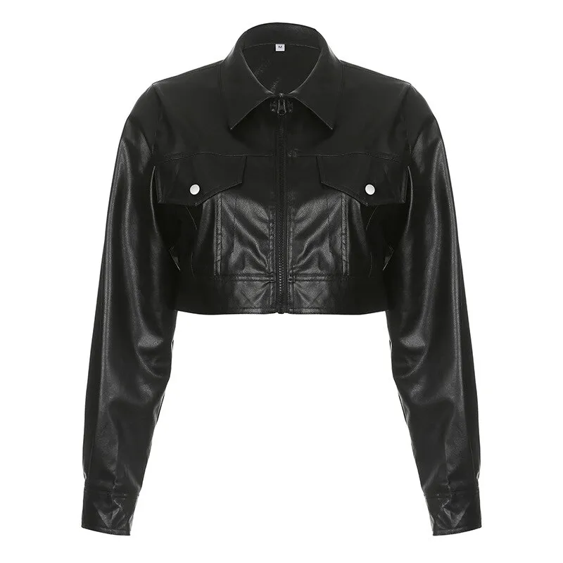 Cool Turn Down Collar PU Leather Cropped Jacket / Fashion Zipper Loose Female Jackets