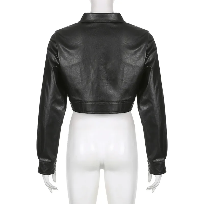 Cool Turn Down Collar PU Leather Cropped Jacket / Fashion Zipper Loose Female Jackets