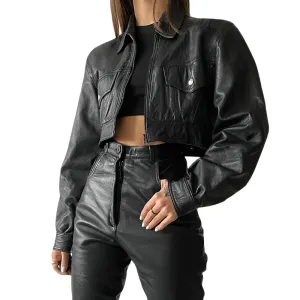 Cool Turn Down Collar PU Leather Cropped Jacket / Fashion Zipper Loose Female Jackets