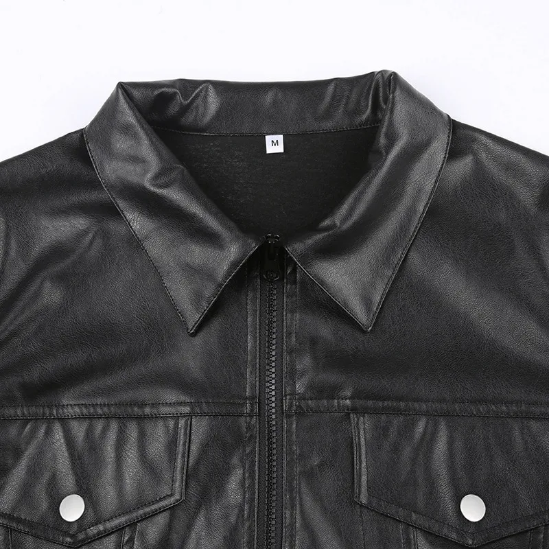 Cool Turn Down Collar PU Leather Cropped Jacket / Fashion Zipper Loose Female Jackets