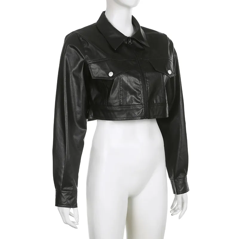 Cool Turn Down Collar PU Leather Cropped Jacket / Fashion Zipper Loose Female Jackets