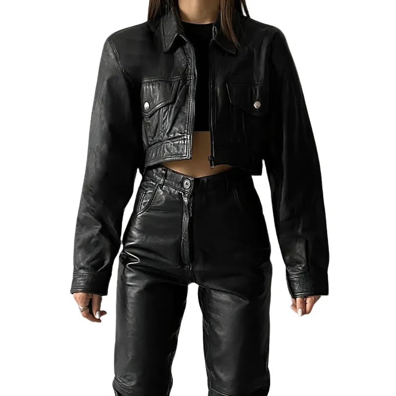 Cool Turn Down Collar PU Leather Cropped Jacket / Fashion Zipper Loose Female Jackets