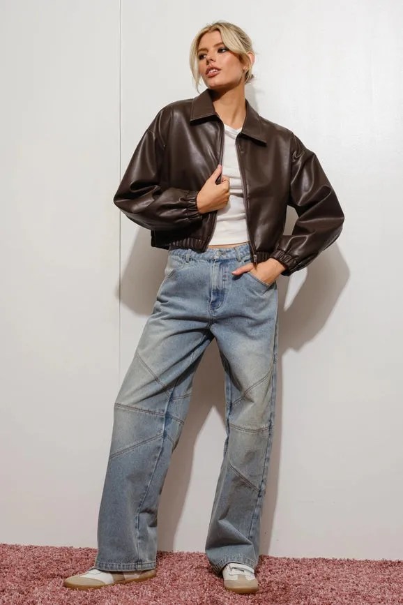 Cropped Vegan Leather Bomber Jacket