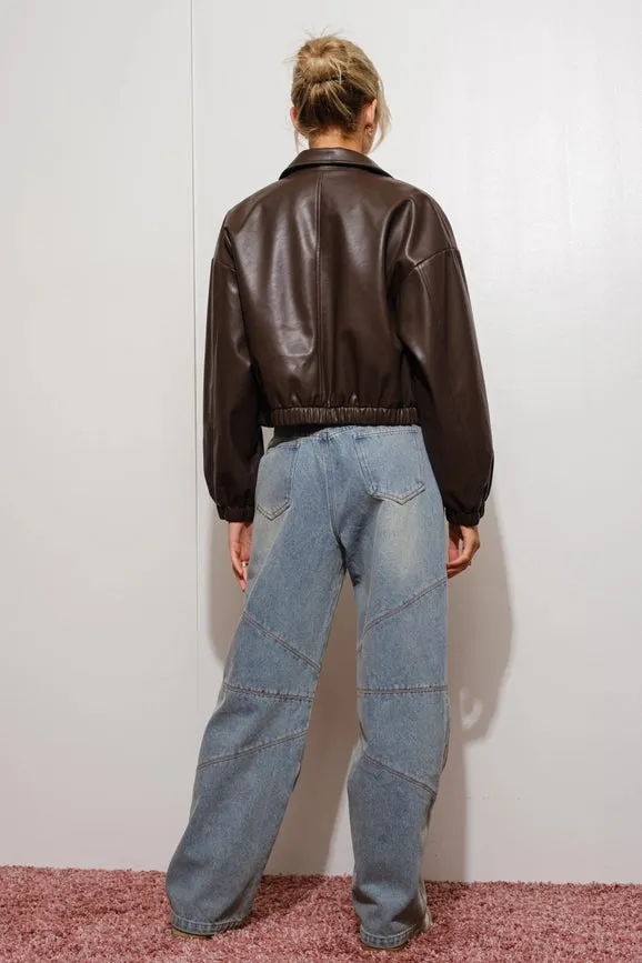 Cropped Vegan Leather Bomber Jacket