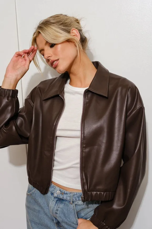 Cropped Vegan Leather Bomber Jacket