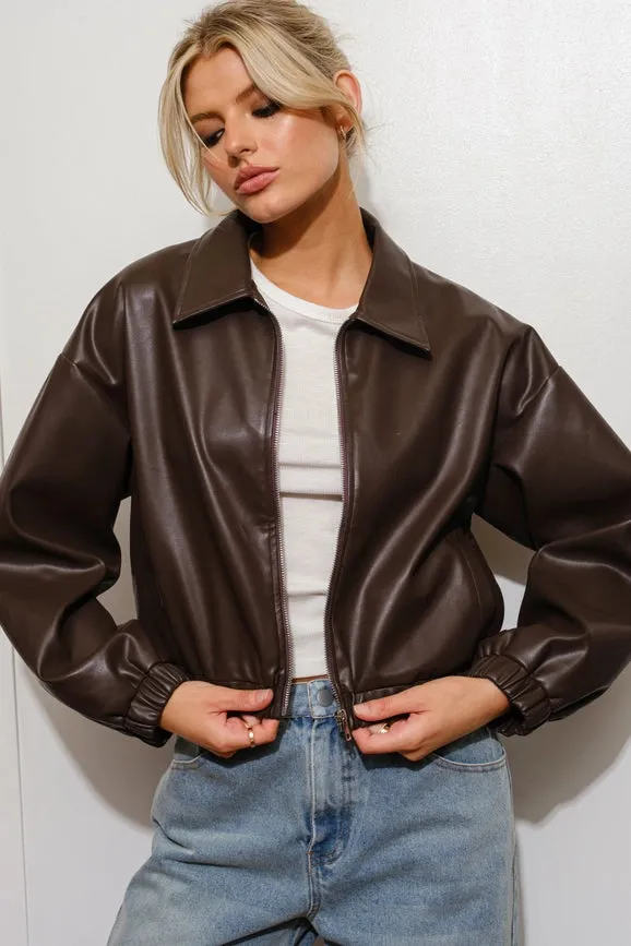 Cropped Vegan Leather Bomber Jacket