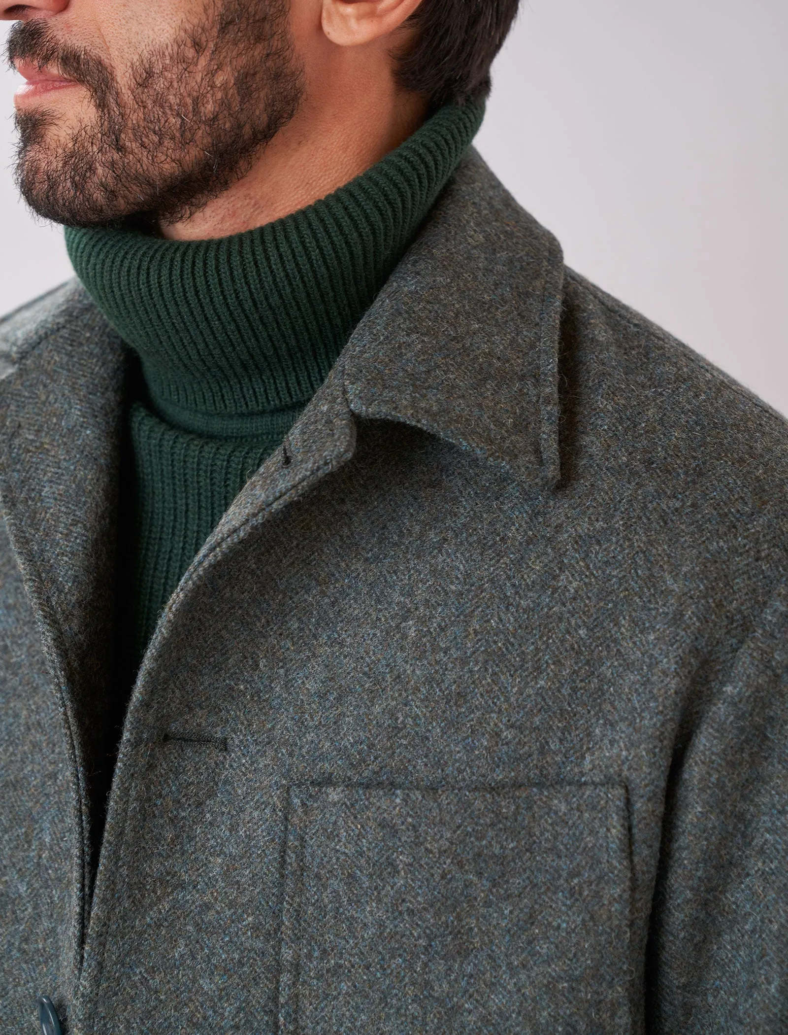 Dark Teal Herringbone Wool Overcoat