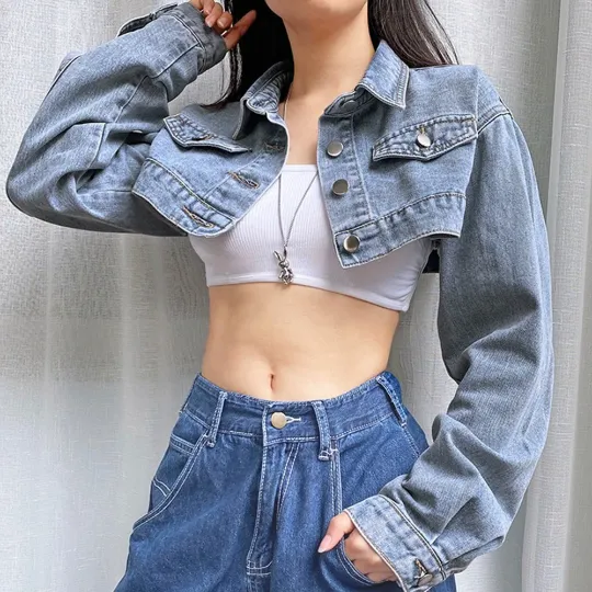 Denim Cardigan Cropped Collared Women's Jacket