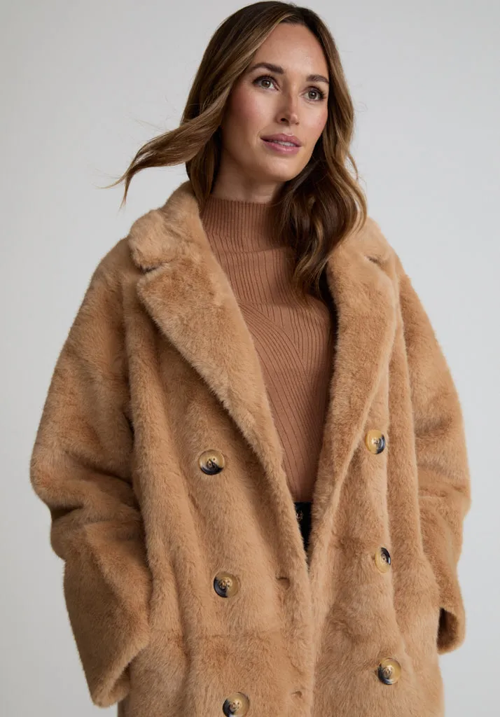 Emma Longline Faux Fur Coat In Brown