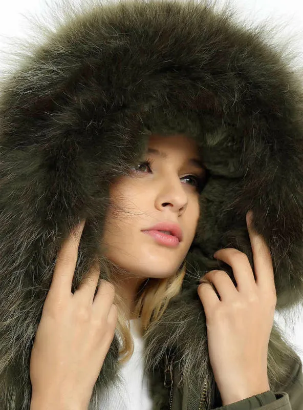 Fashion Jacket Parka Fur Hood and Rabbit Fur Inside