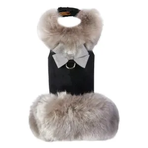 faux-fur harness coat - black with silver fox and nouveau bow *special order