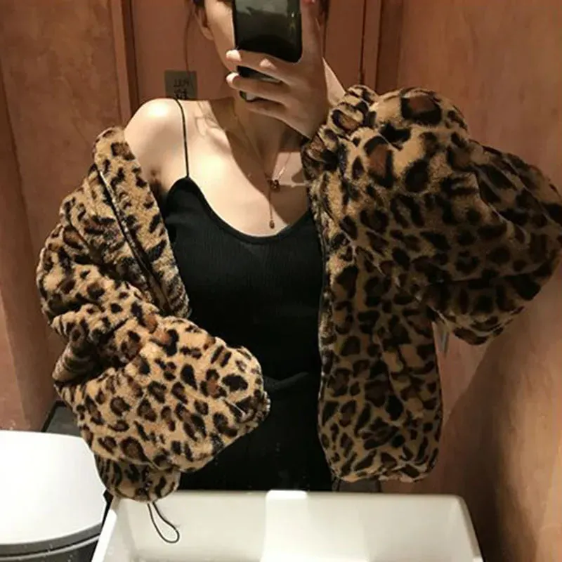 Faux Fur  Leopard Print Stand Collar Jacket Coats