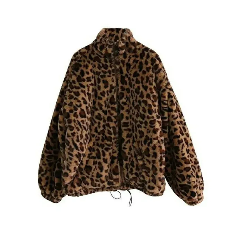 Faux Fur  Leopard Print Stand Collar Jacket Coats