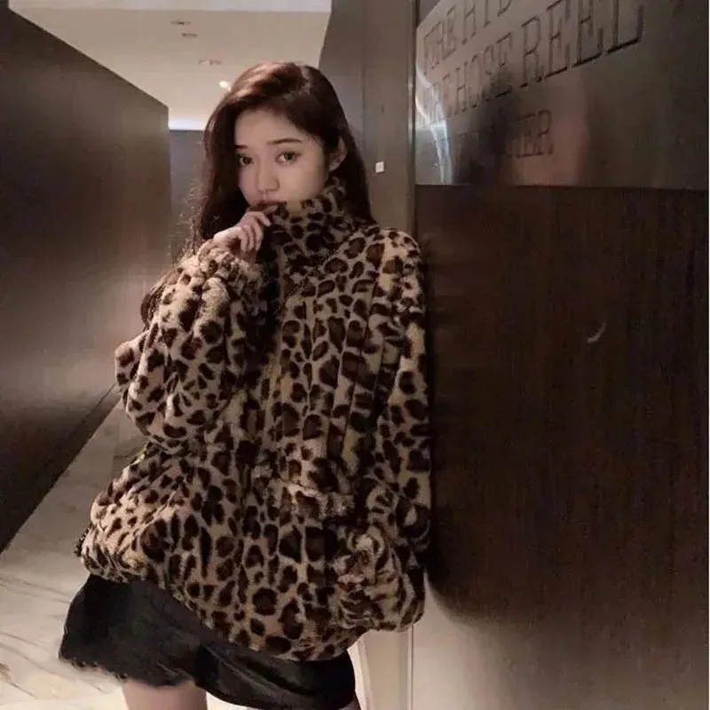 Faux Fur  Leopard Print Stand Collar Jacket Coats