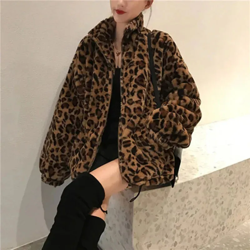 Faux Fur  Leopard Print Stand Collar Jacket Coats