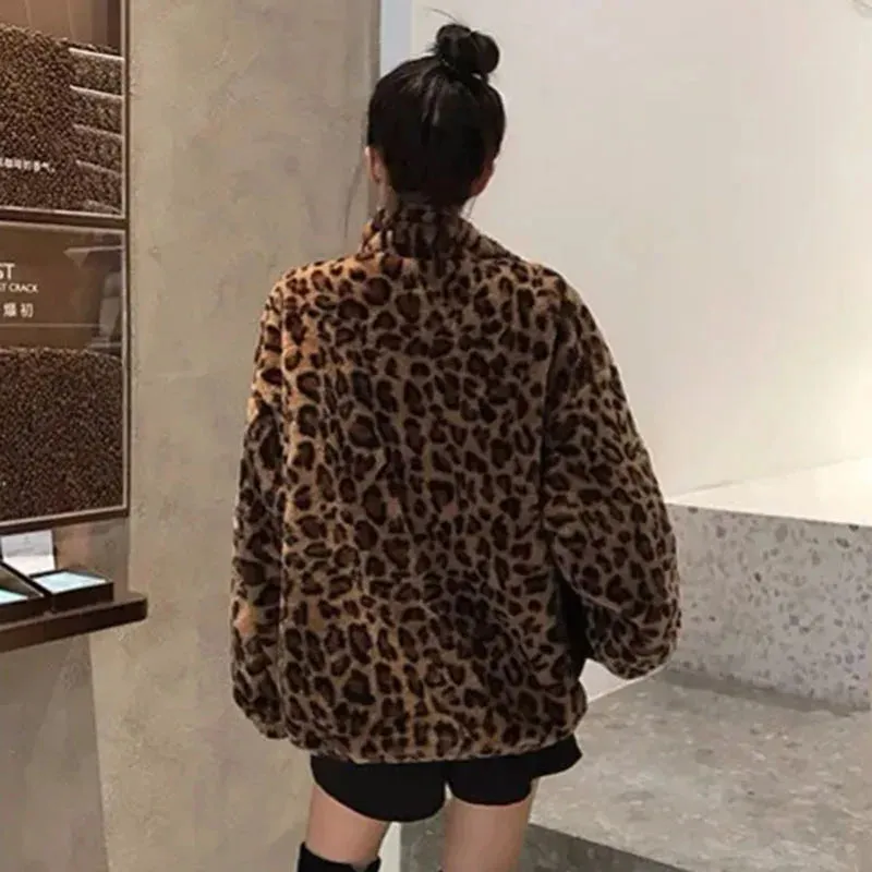 Faux Fur  Leopard Print Stand Collar Jacket Coats