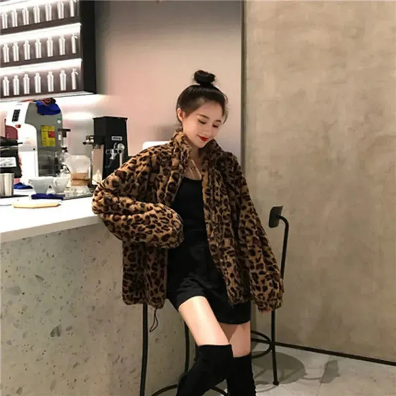 Faux Fur  Leopard Print Stand Collar Jacket Coats