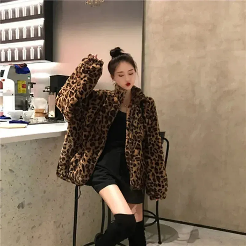 Faux Fur  Leopard Print Stand Collar Jacket Coats